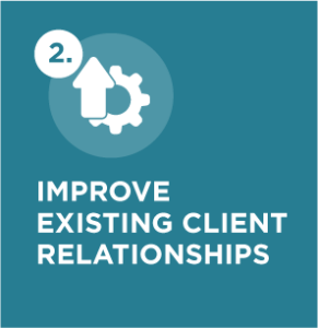 Icon showing an upward arrow integrated with a gear, representing strengthening, improving, and developing existing client relationships through intentional action and continuous improvement.